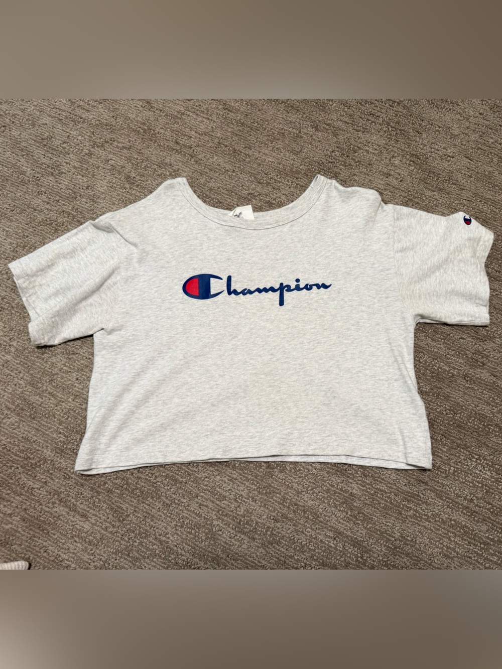 Champion Woman’s Heather Gray Logo Tee with Navy & Red Accent